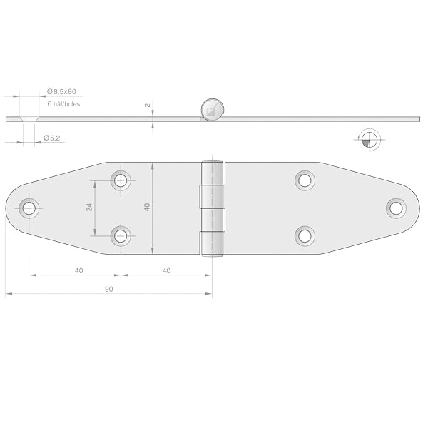 Roca hængsel 180x40mm AISI 304