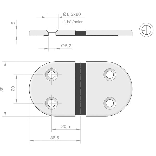 Roca hængsel gummiled 73x39mm AISI 304